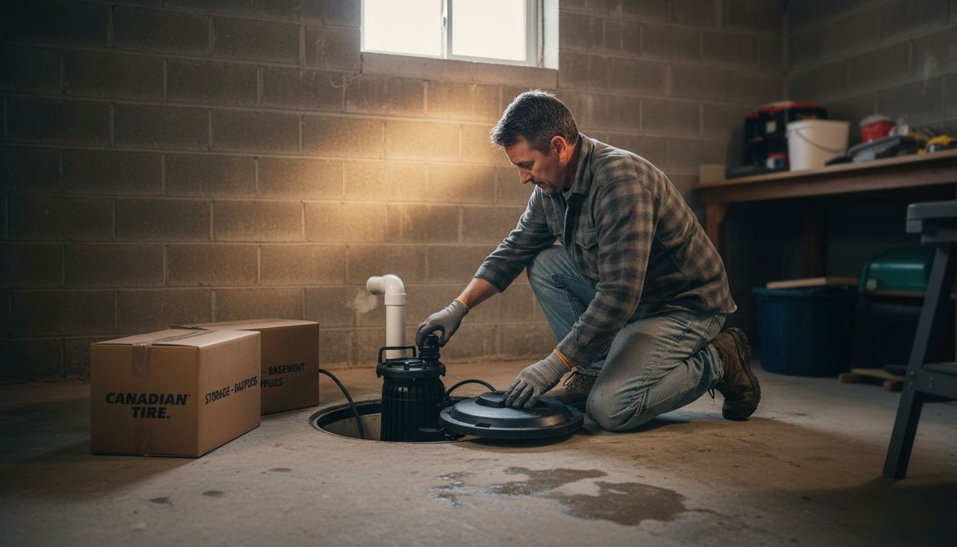 Worker kneels beside a wet vacuum in a dusty basement, cleaning a spill near boxes and shelves.