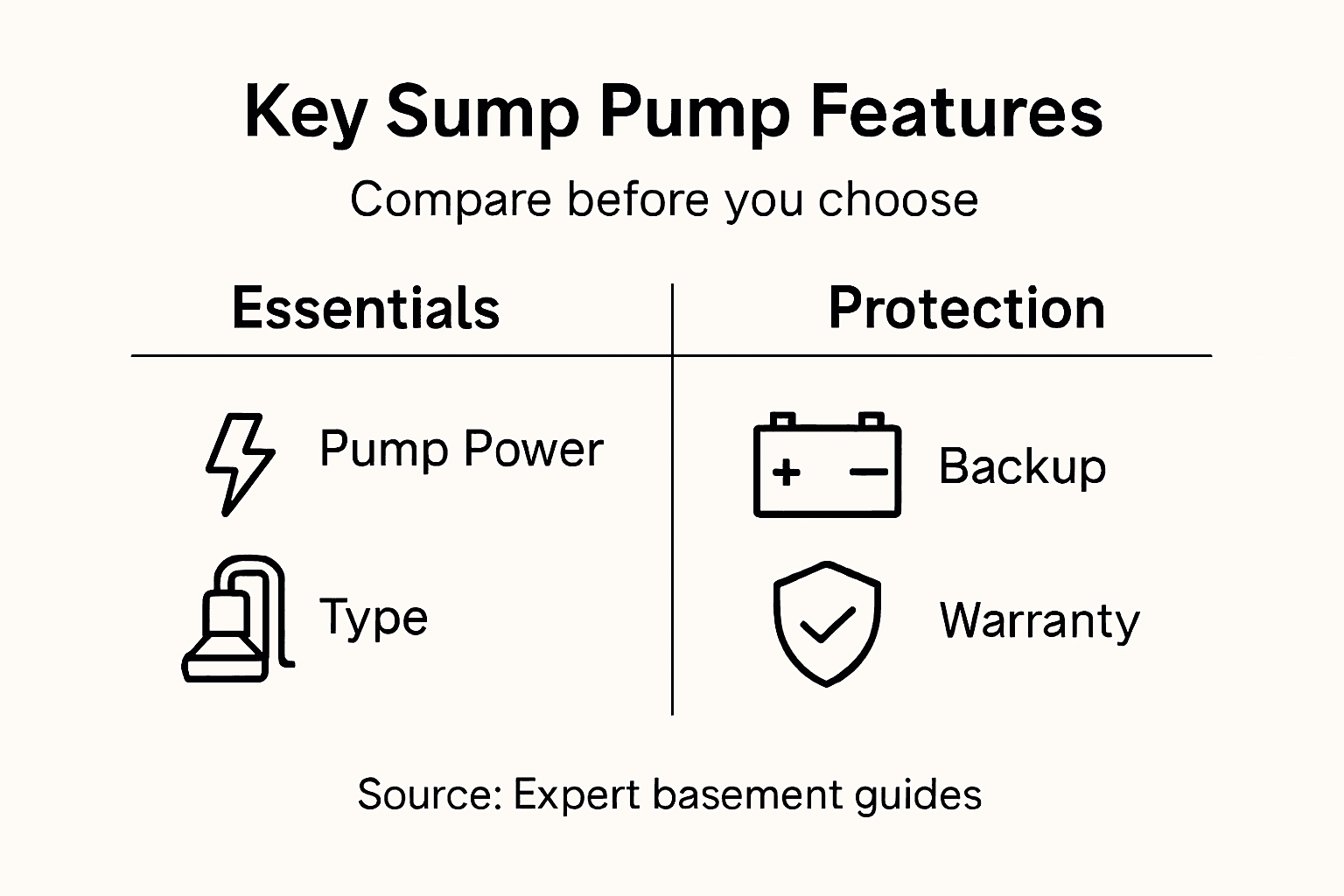Infographic titled “Key Sump Pump Features” comparing essentials and protection with pump power, type, backup, and warranty icons