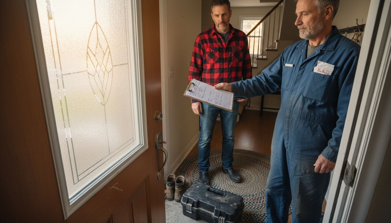 Two men discuss renovation plans in a narrow hallway with exposed flooring and a front door.
