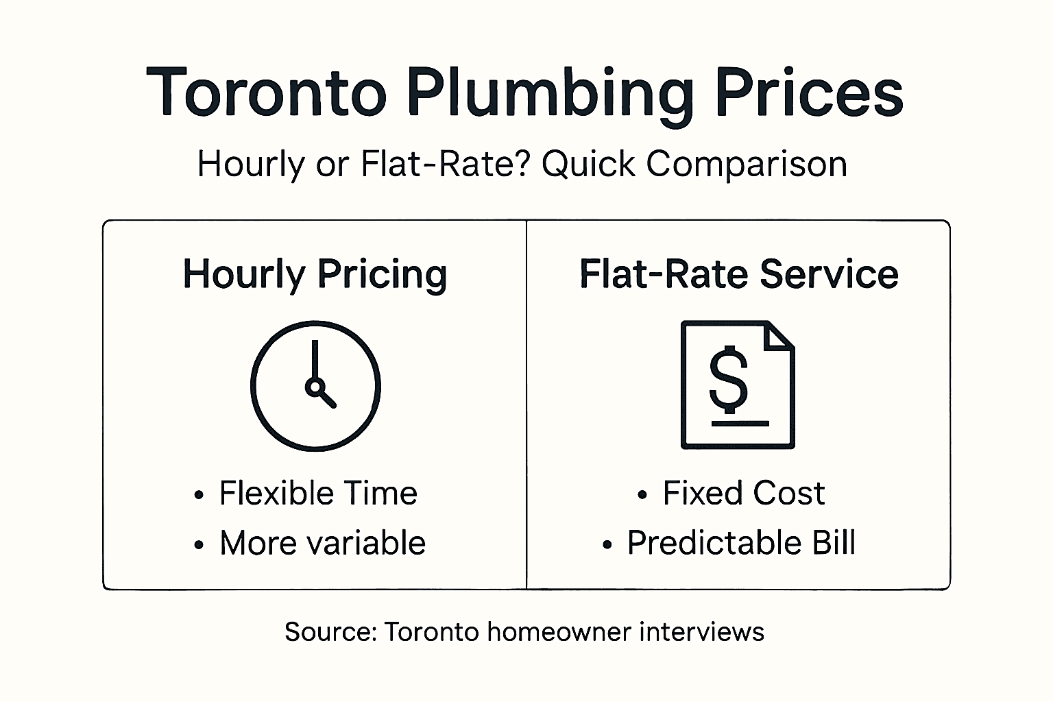 Toronto Plumbing Prices comparison chart: hourly pricing versus flat-rate service with icons and bullet points.