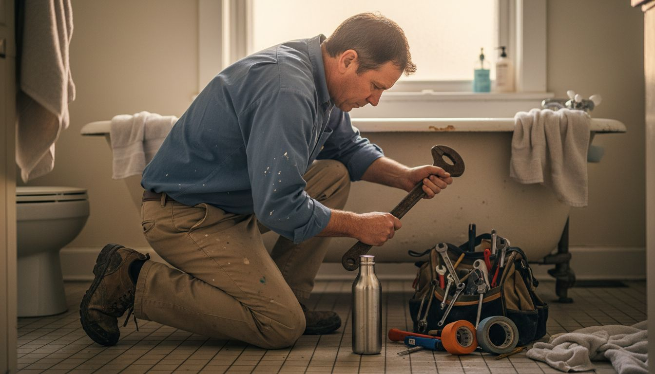 Person kneeling in bathroom, repairing pipes under a sink beside a tool bag and wrench.