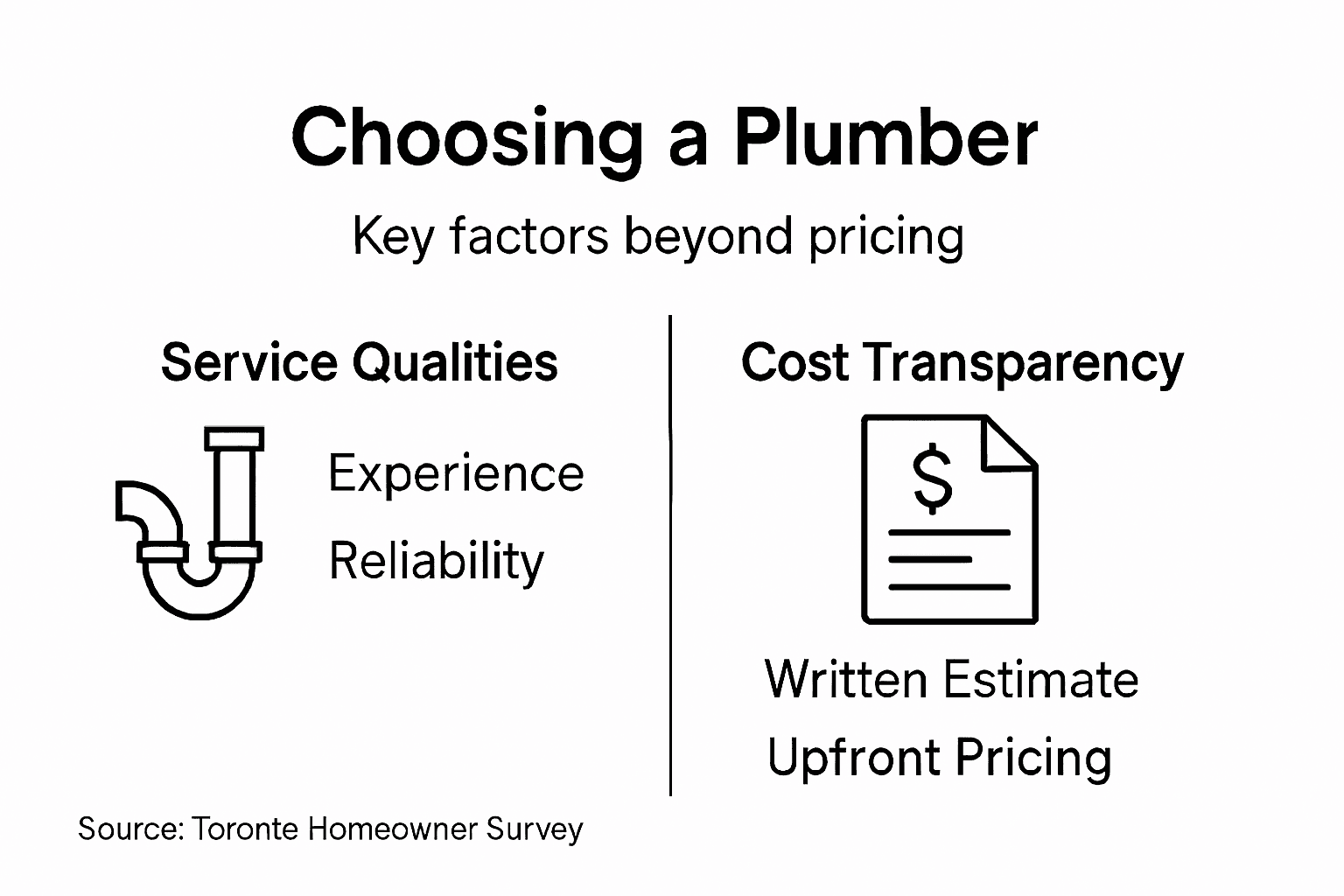 Infographic titled “Choosing a Plumber” comparing service qualities and cost transparency with plumbing and bill icons