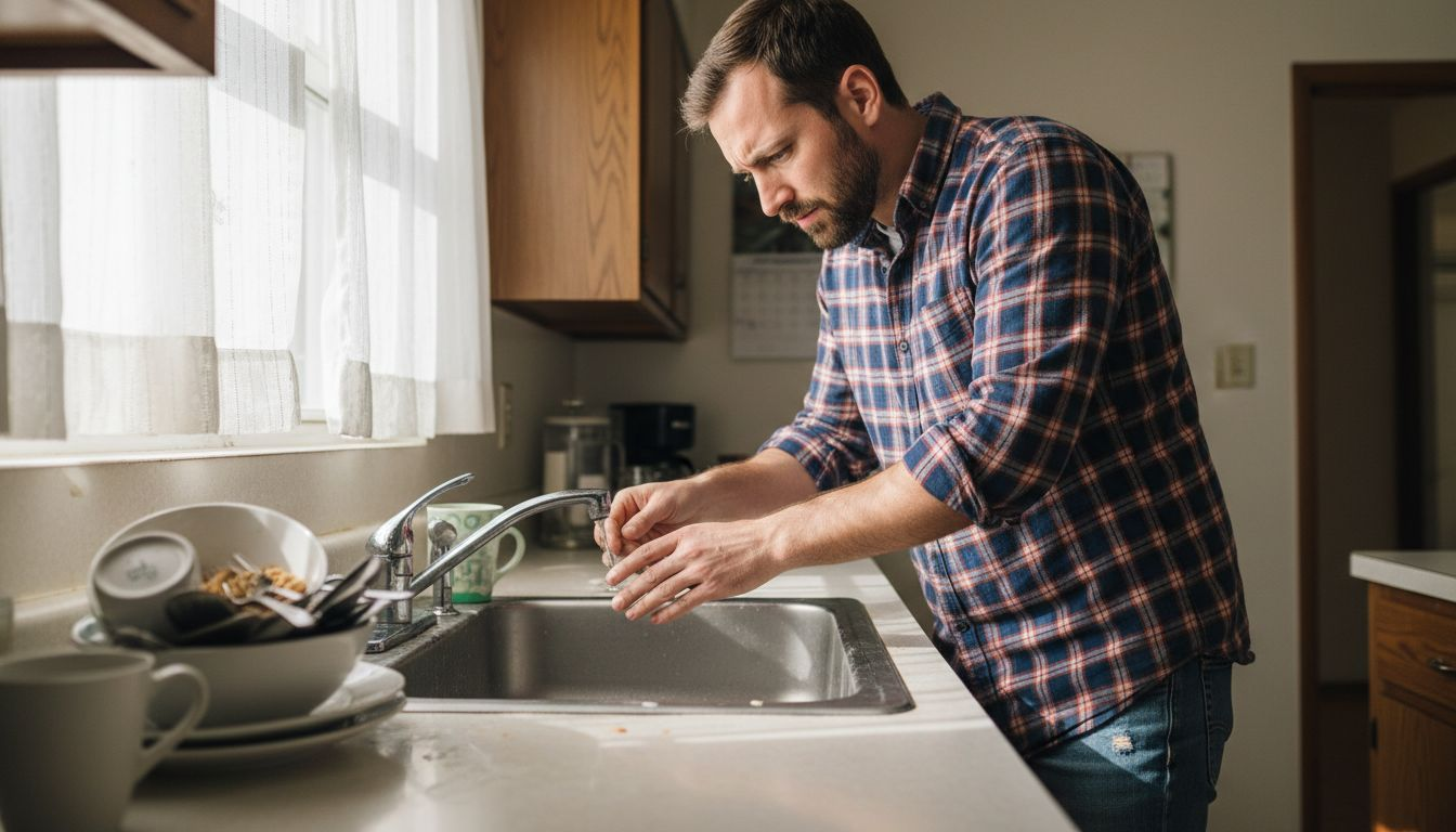 Man washing dishes in a kitchen at the sink with sunlight from a window
