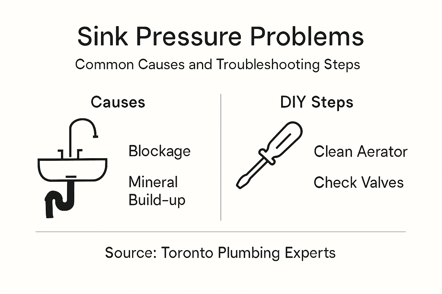 Infographic on sink pressure problems with causes like blockage and mineral buildup, plus DIY steps for cleaning aerators and check valves