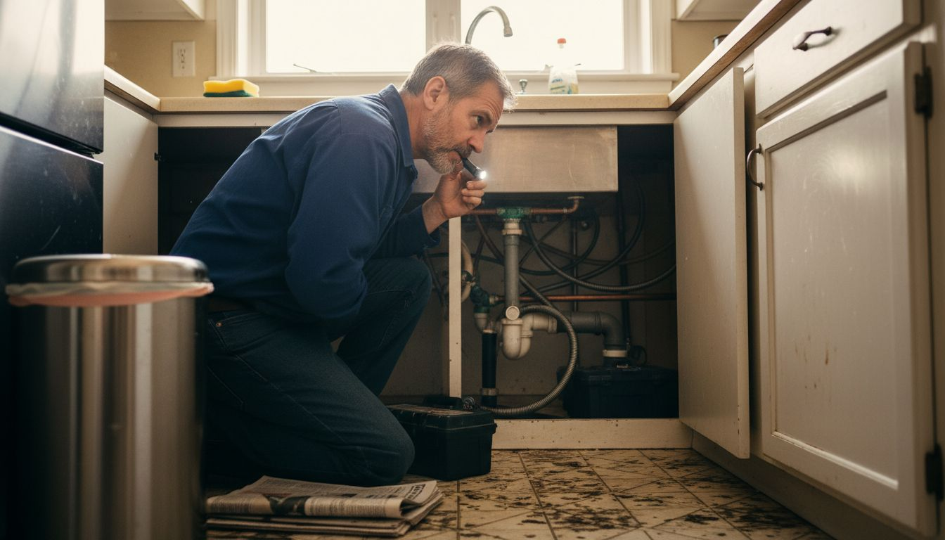 Plumber inspecting under-sink plumbing in a kitchen cabinet with tools nearby.