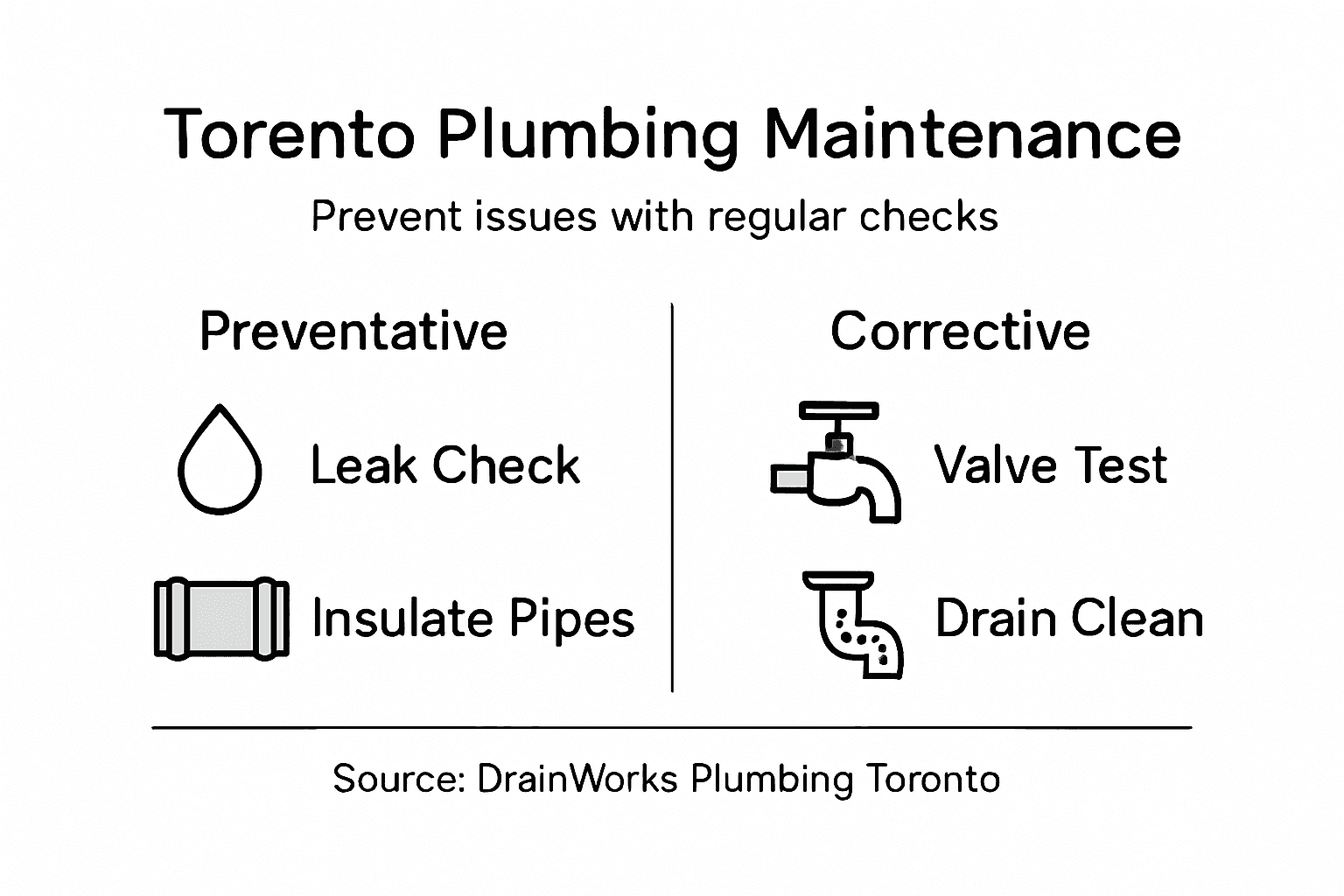 Toronto Plumbing Maintenance infographic with preventive and corrective tasks: leak check, valve test, insulate pipes, drain clean