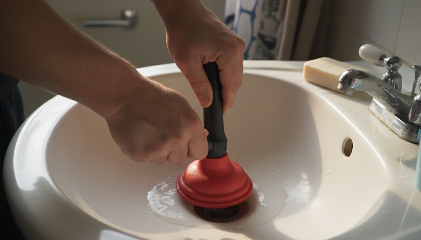 Hands using a red plunger in a white sink.