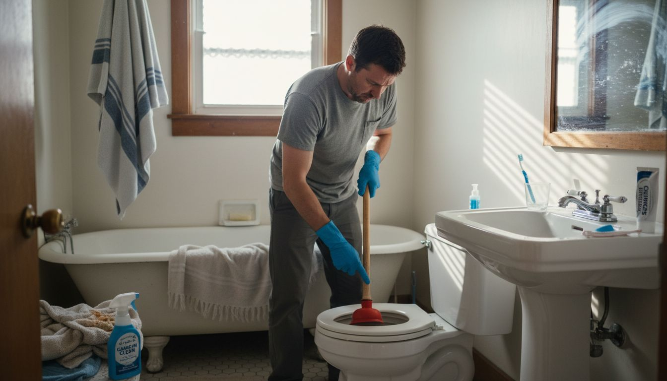 Person unclogs a toilet in a bathroom with a plunger and blue gloves.