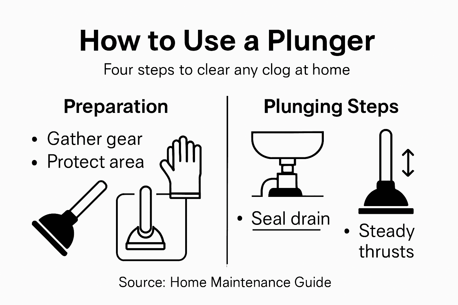 Infographic on how to use a plunger: gather gear, protect area, seal drain, and thrust steadily.