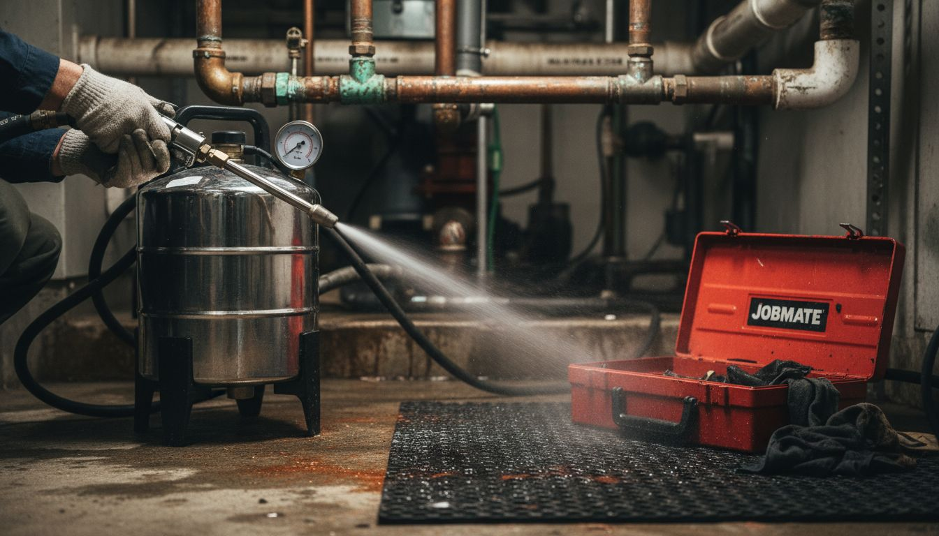 Worker pressure-washing a metal tank beside a red toolbox in an industrial workshop