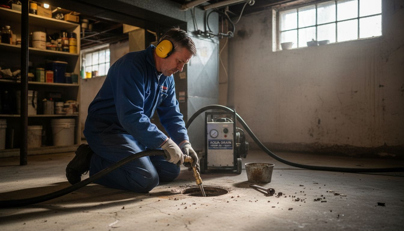 Worker drilling concrete indoors with power tool, sparks flying beside a welding machine in a workshop