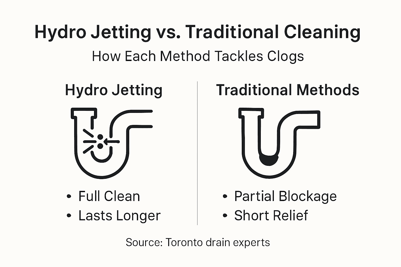 Infographic comparing hydro jetting and traditional cleaning for pipe clogs, showing full clean vs partial blockage.