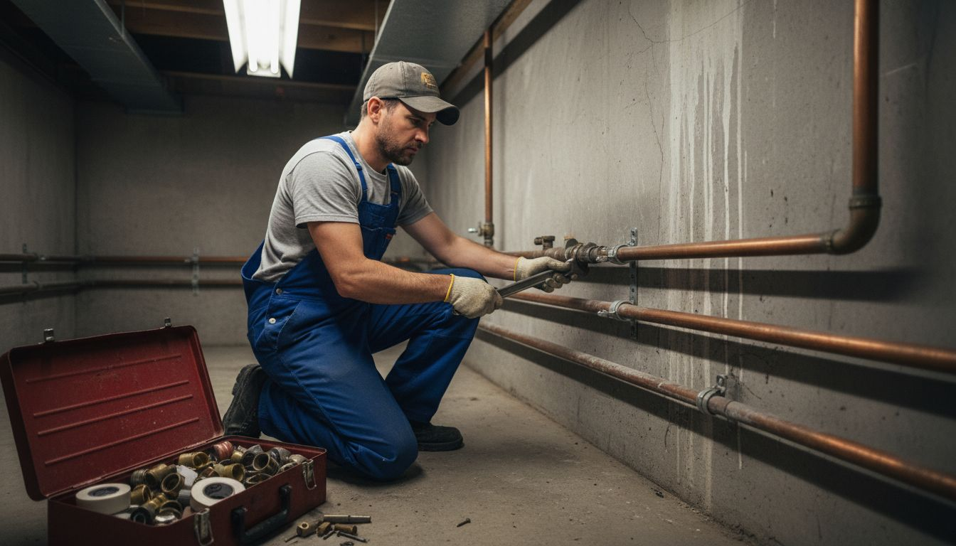 Technician in blue overalls kneels by wall pipes in a utility room, using tools to repair them.