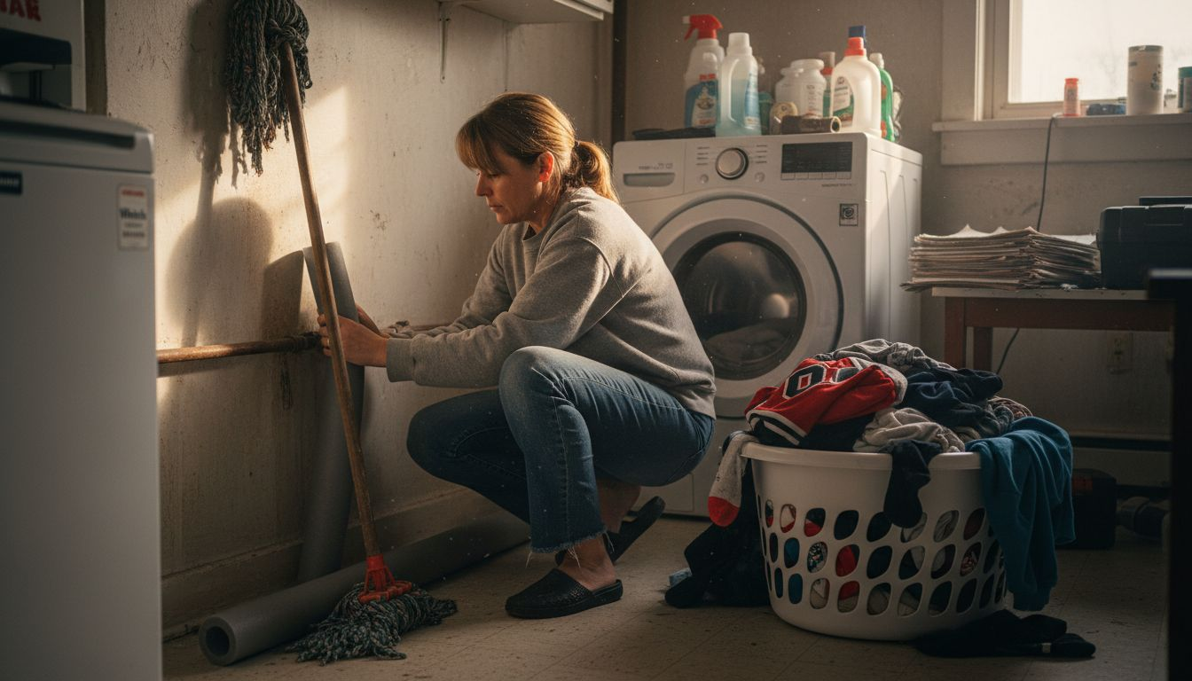 Person kneeling by a washer in a laundry room, sorting clothes beside a laundry basket.