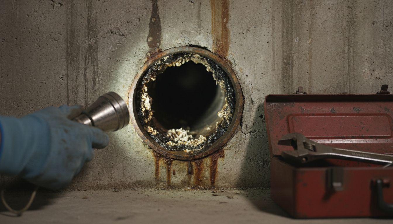 Gloved hand using a flashlight to inspect a rusty circular pipe opening in a wall, with a red toolbox nearby