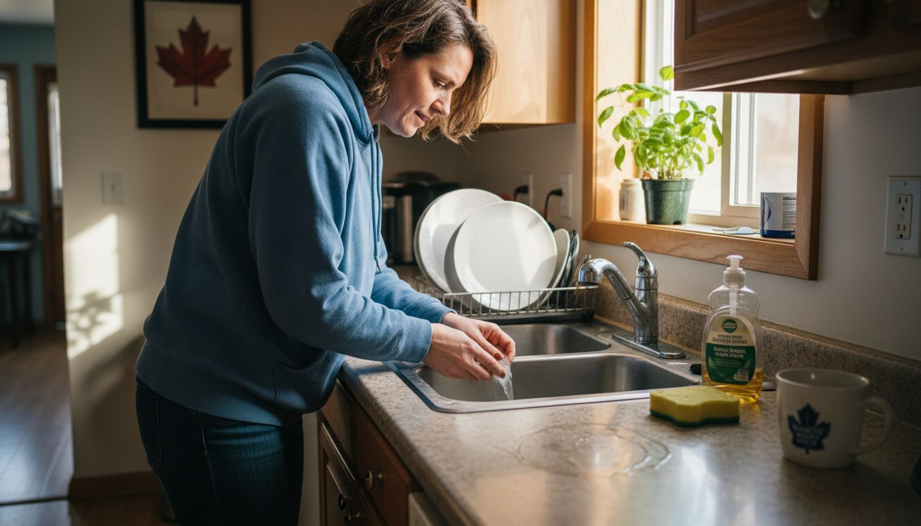 Person washing dishes at a kitchen sink beside a sunlit window and drying rack