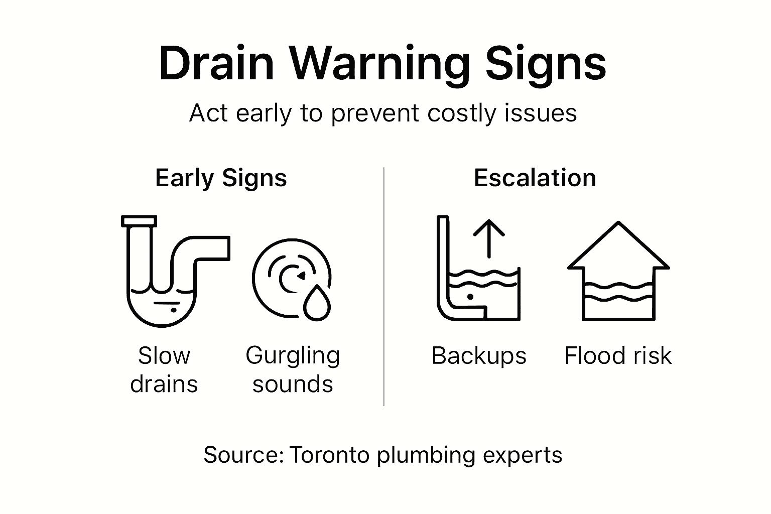 Drain warning signs infographic showing slow drains, gurgling sounds, backups, and floor leaks.