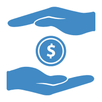 A blue icon of two hands holding a dollar coin.