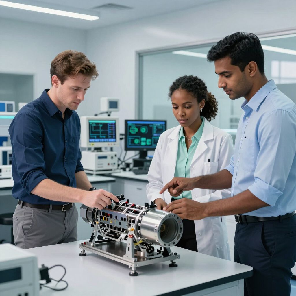 Three engineers examining a metallic machine in a lab setting.