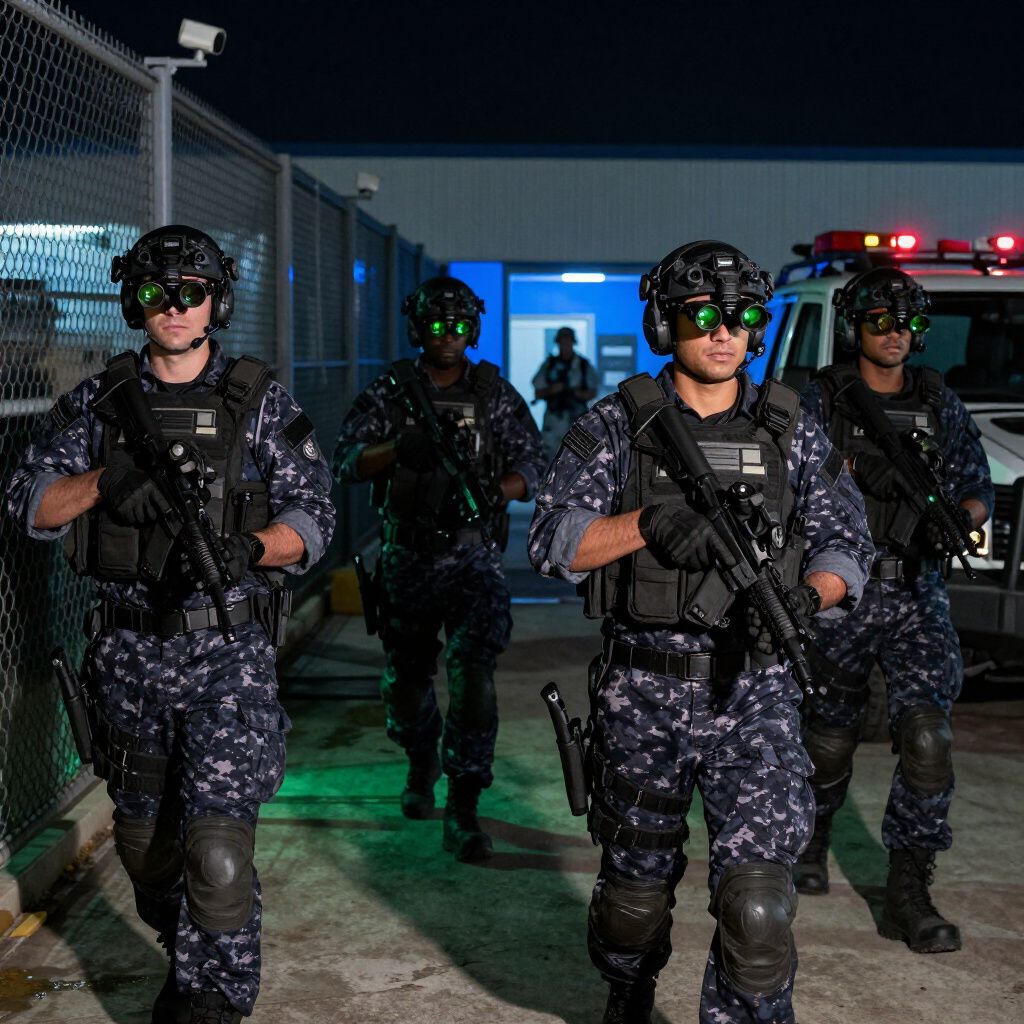 Four armed officers in night vision gear advance towards a building at night.