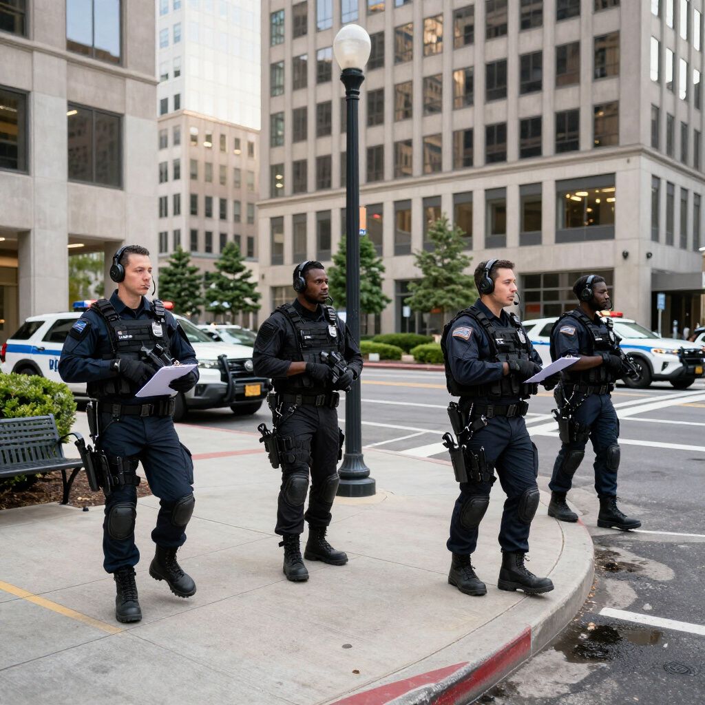 Four police officers in tactical gear stand in a city street, two patrol cars behind them.