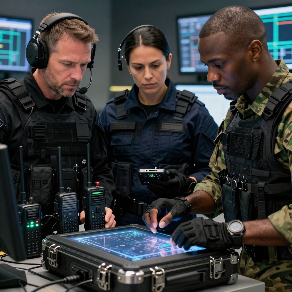 Three people in tactical gear operate a touch screen in a control room, looking at data.