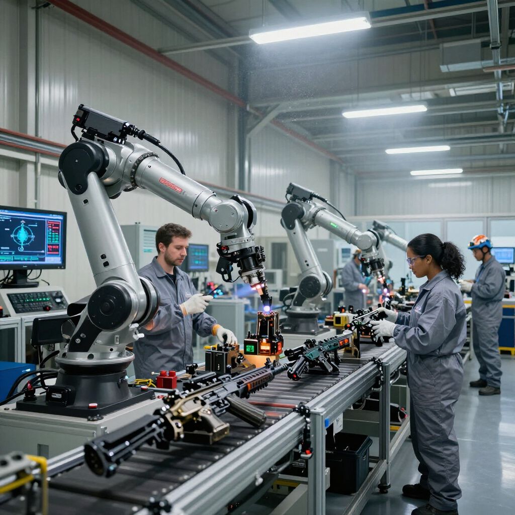 Robotic arms and workers assembling parts in a factory.