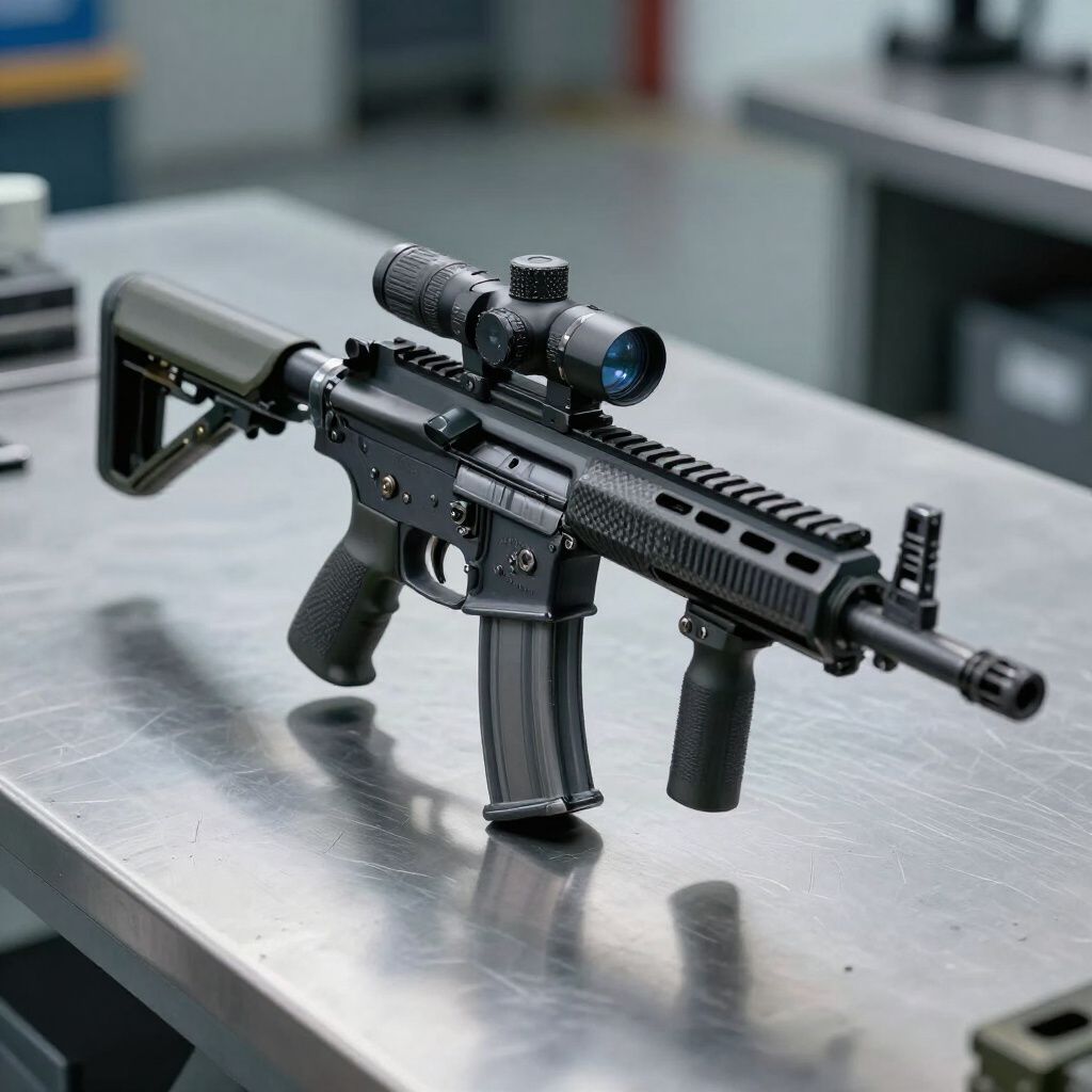 Black rifle with scope and magazine on a metal surface.