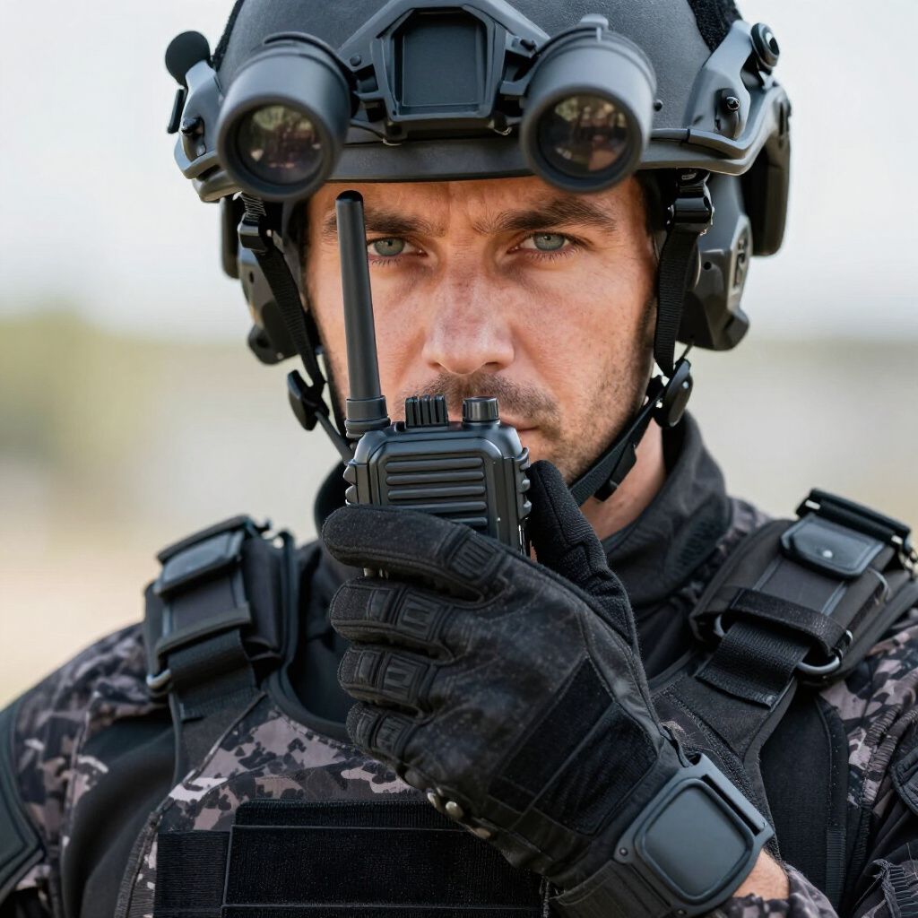 Man in tactical gear, holding a radio. Wearing helmet with night vision, focused expression.