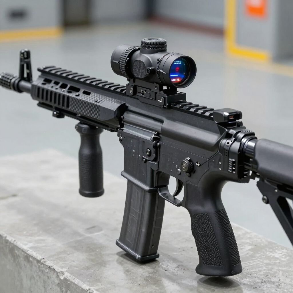Black rifle with scope and vertical grip on a concrete surface.