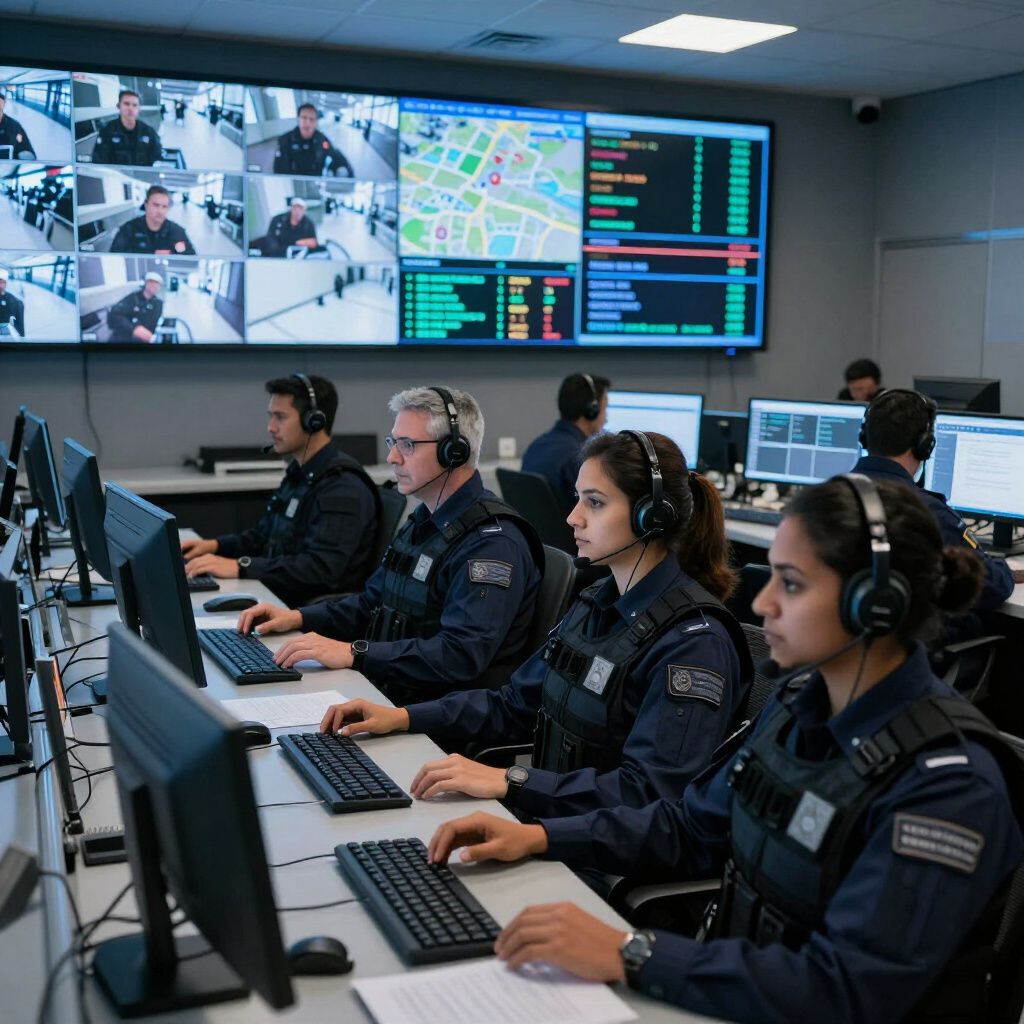 People in a security control room monitoring screens and using computers.