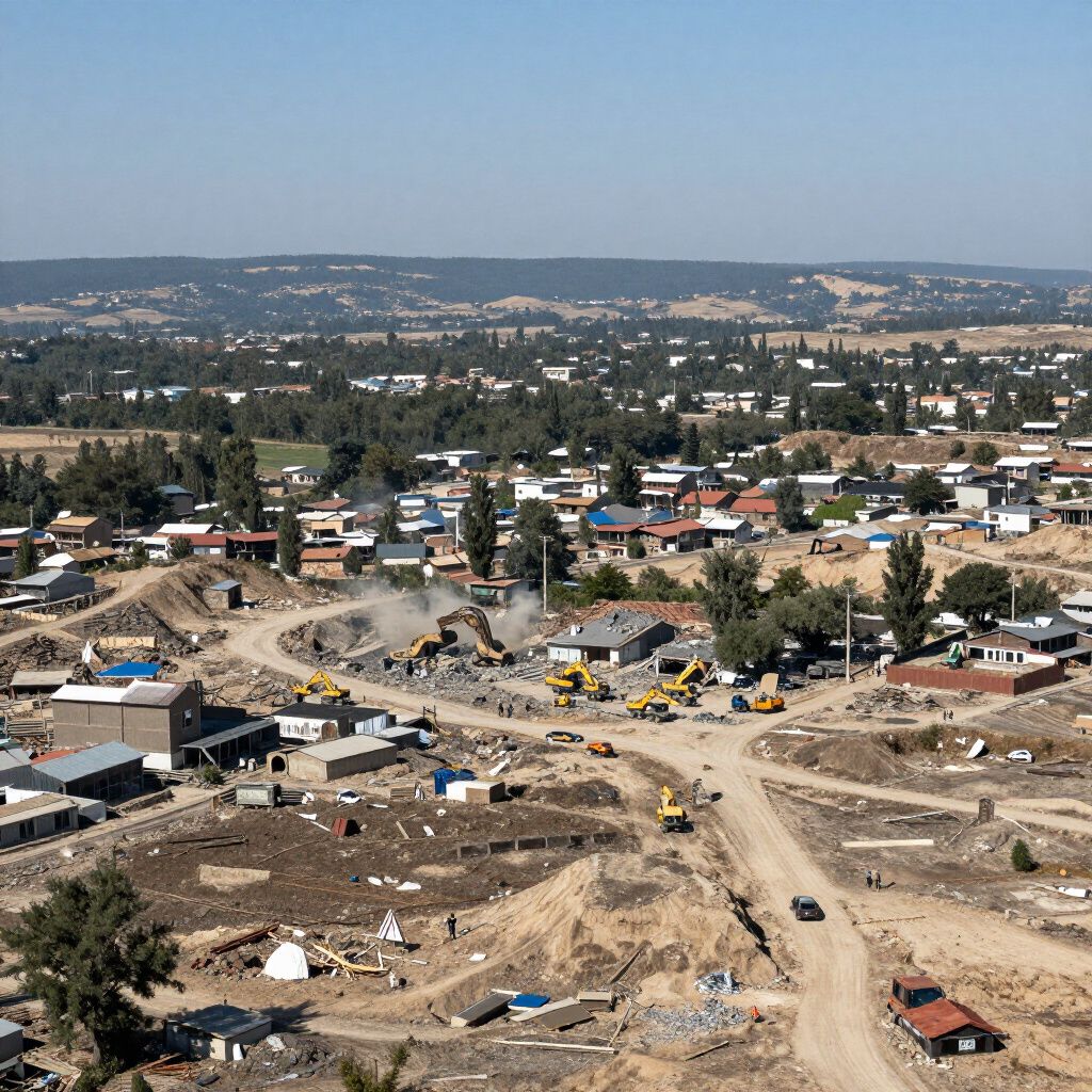 Construction site with heavy machinery, buildings, and dirt roads in a rural area.