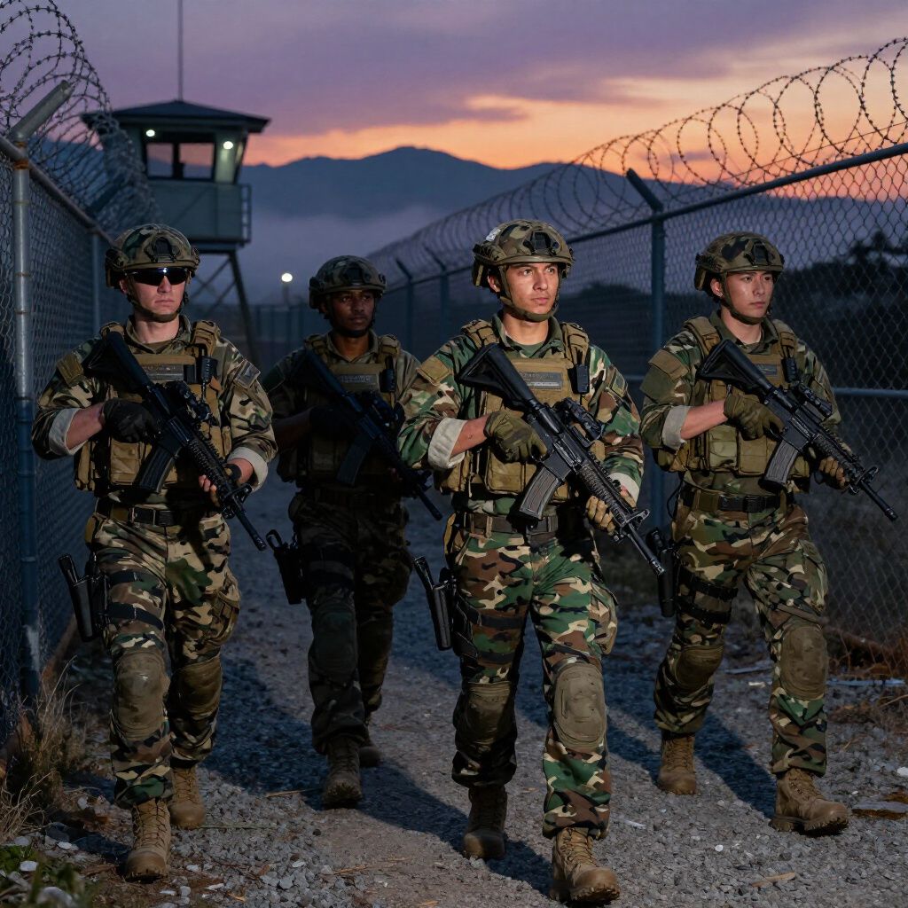 Four soldiers in camouflage uniforms walk along a fence with a guard tower.