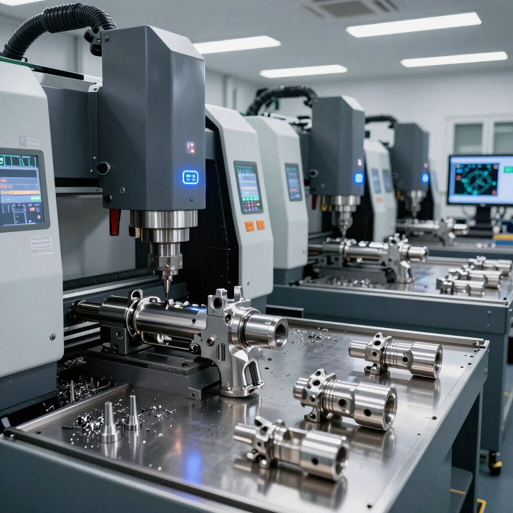 Row of CNC machines machining metal parts in a brightly lit industrial setting.