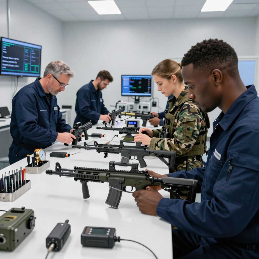 People in a lab examining rifles, set on a white table. Includes digital screens, tools, and tactical gear.