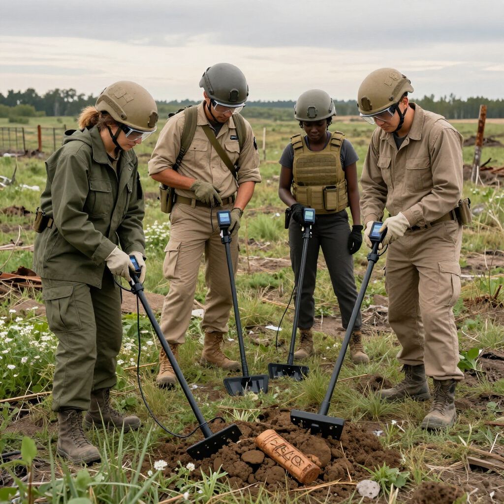 Four people using metal detectors outdoors to search the ground for objects.