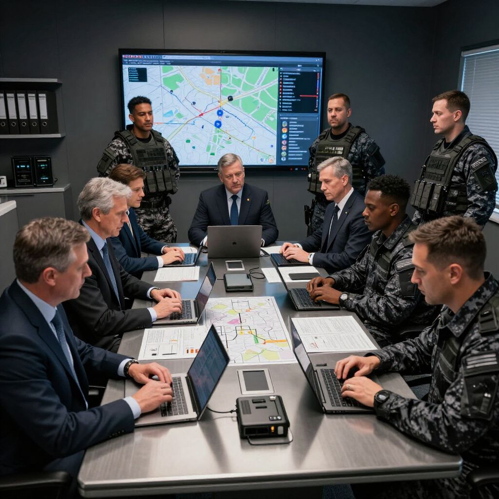 People in suits and tactical gear at a table with laptops, a map on the table, and a monitor in the background.