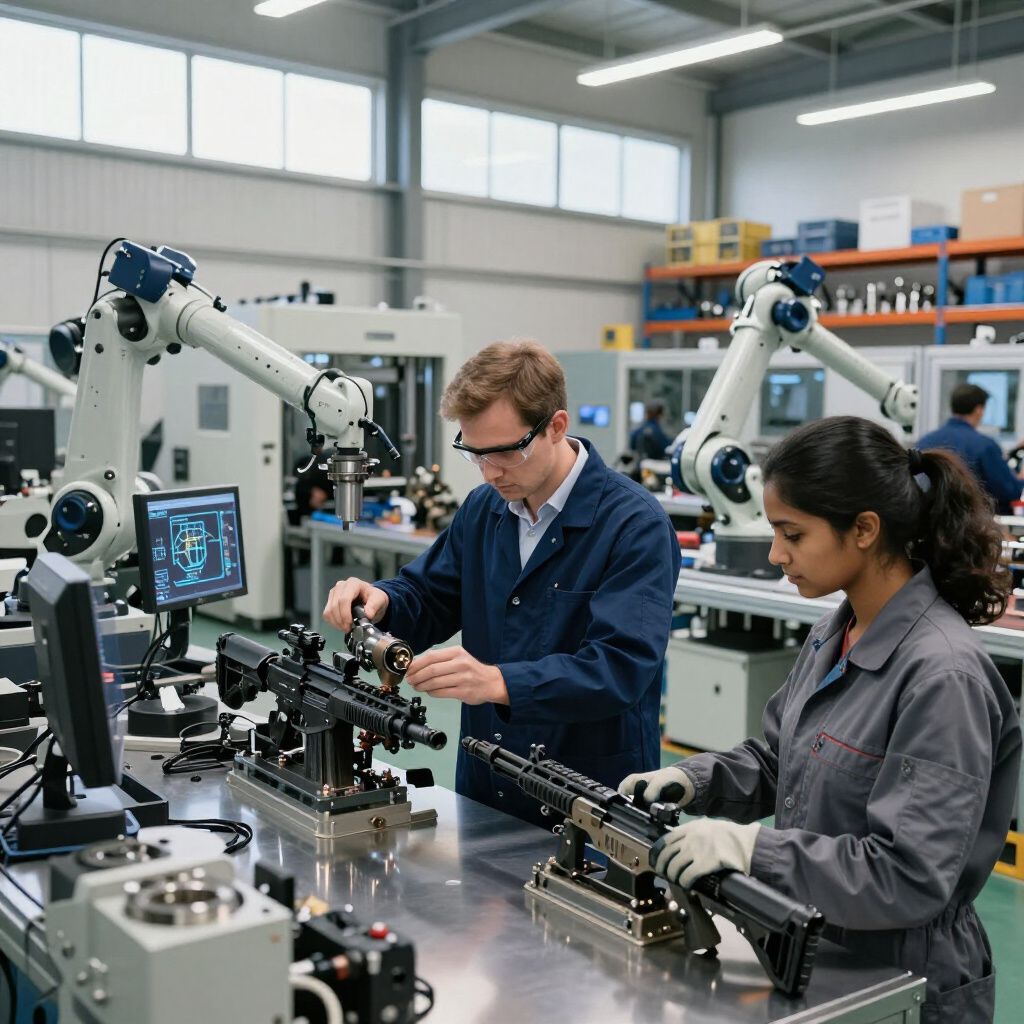 Two people working on machinery in a manufacturing facility with robotic arms; one person wears glasses.