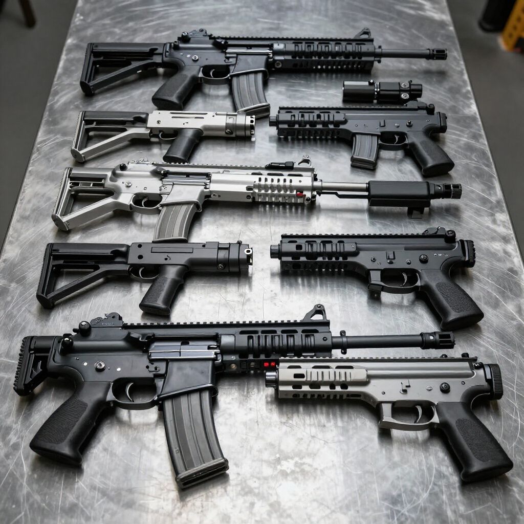 Several black and silver rifles arranged on a metal surface.
