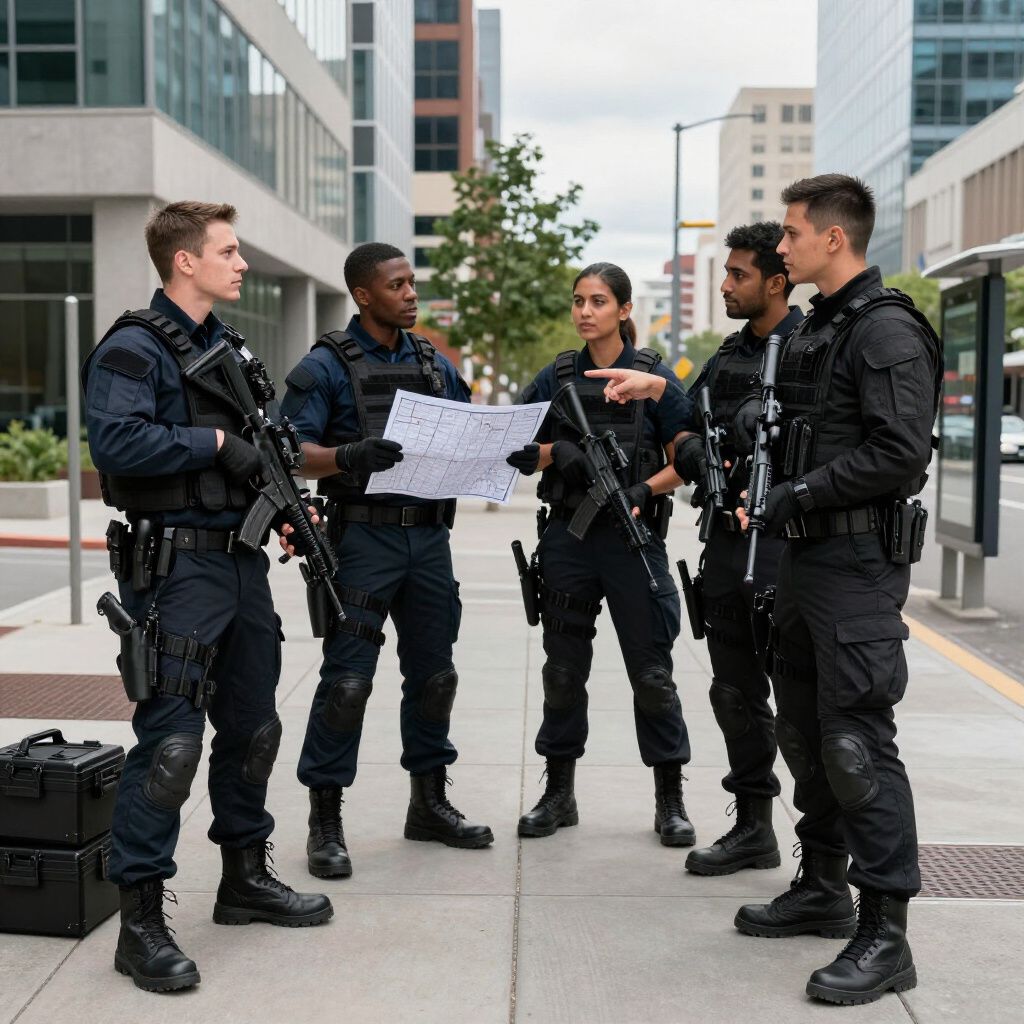 Six armed tactical team members in blue and black uniforms planning outside.