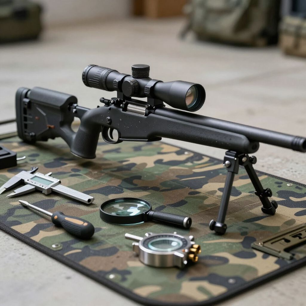 Sniper rifle with scope and bipod on camouflage mat, surrounded by tools.