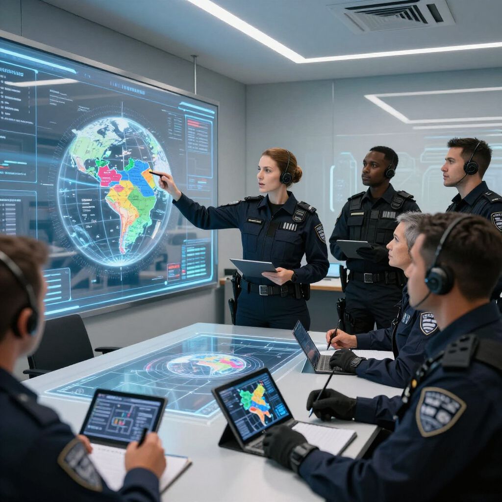 Police officers in a command center, reviewing a world map on a large screen.