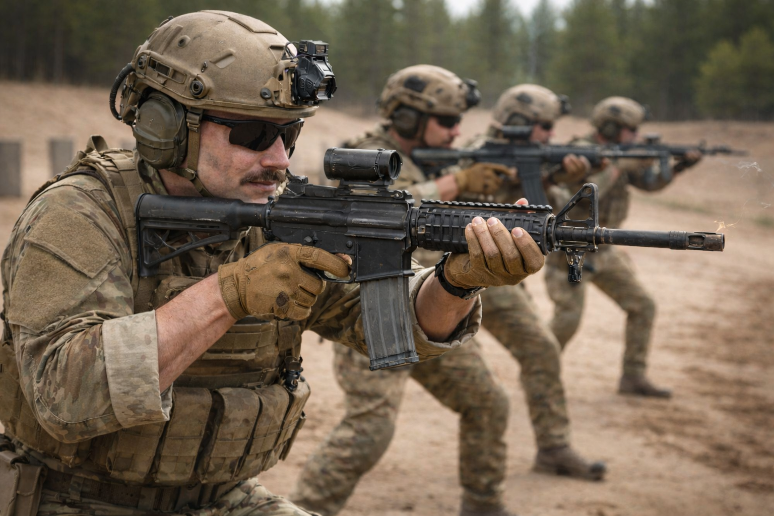 Soldiers in tactical gear aiming rifles at a range.