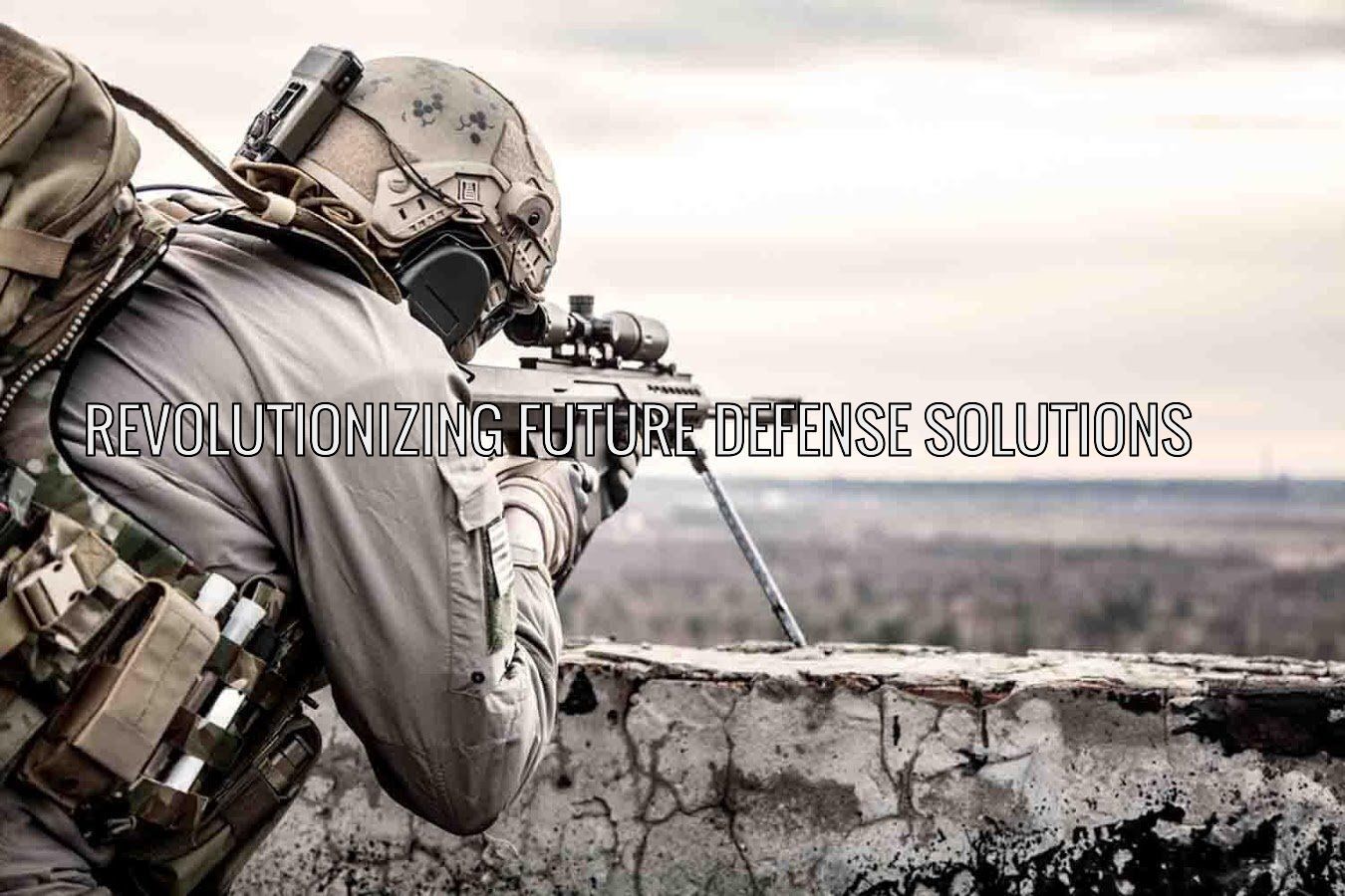 Soldier aiming a rifle with scope, outdoors. Text: Revolutionizing Future Defense Solutions.