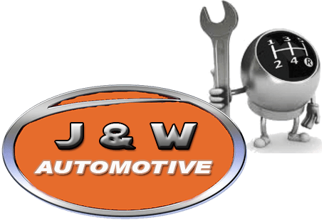 A logo for j & w automotive with a cartoon character holding a wrench
