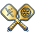 Two crossed neon yellow pickleball paddles with a perforated ball above, on a white background