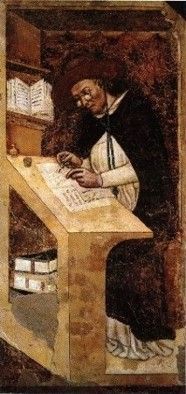 A fresco paiting depicting Cardinal Hugh of Provence wearing a pair of rivet spectacles