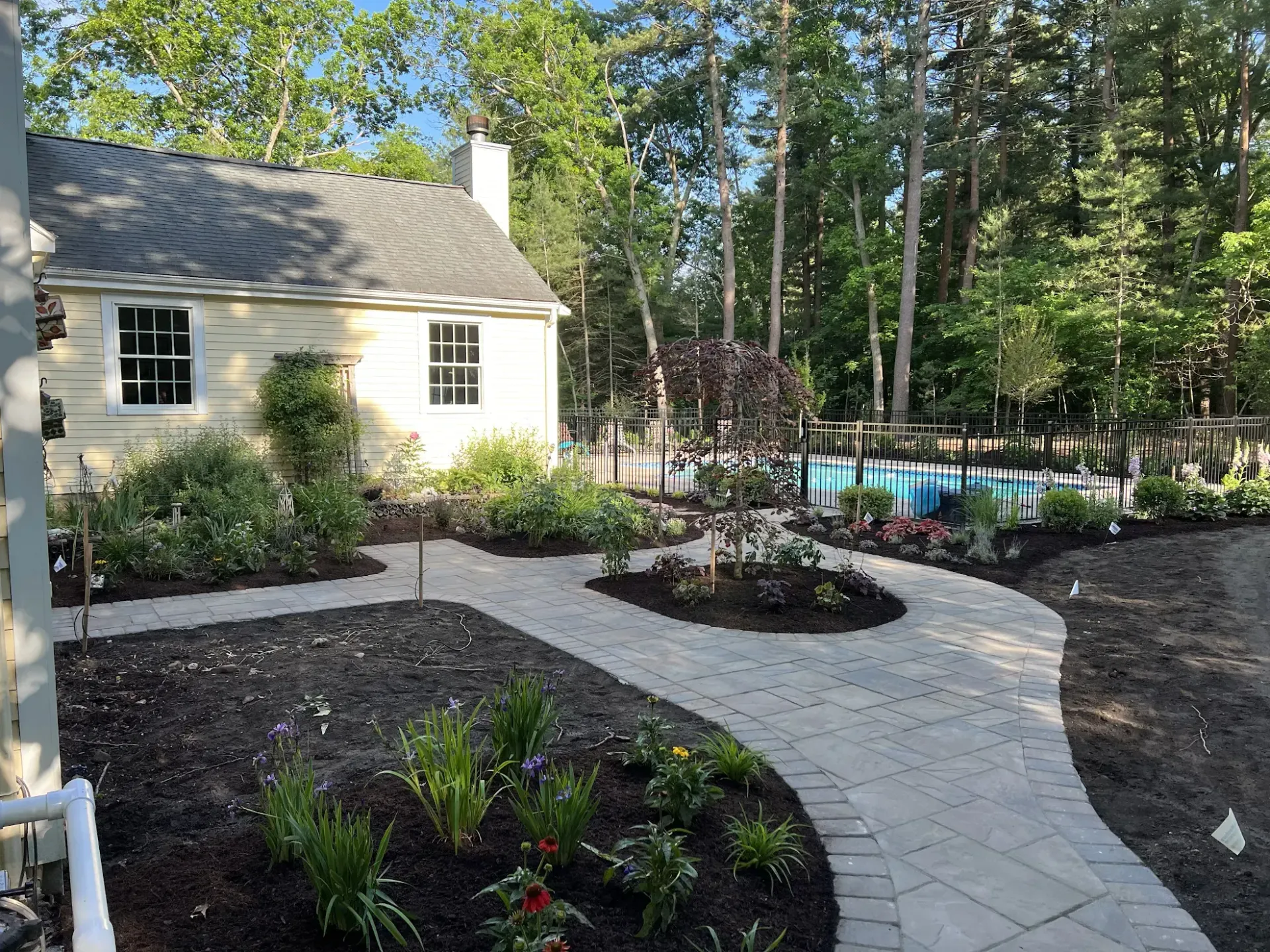 A house with a walkway leading to it and a pool in the backyard.