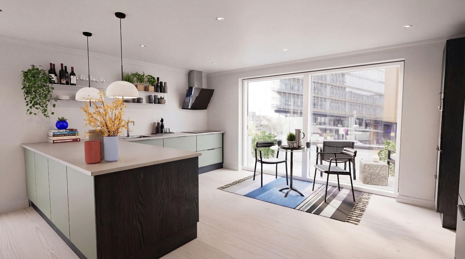 Et moderne køkken med en sort køkkenø, lysegrønne skabe og en balkon med siddepladser gennem skydedøre i glas.