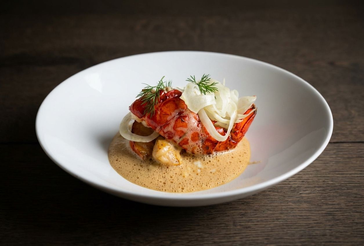 Gourmet tallerkenret med rød sauce, hvid pynt og skum på en hvid skål